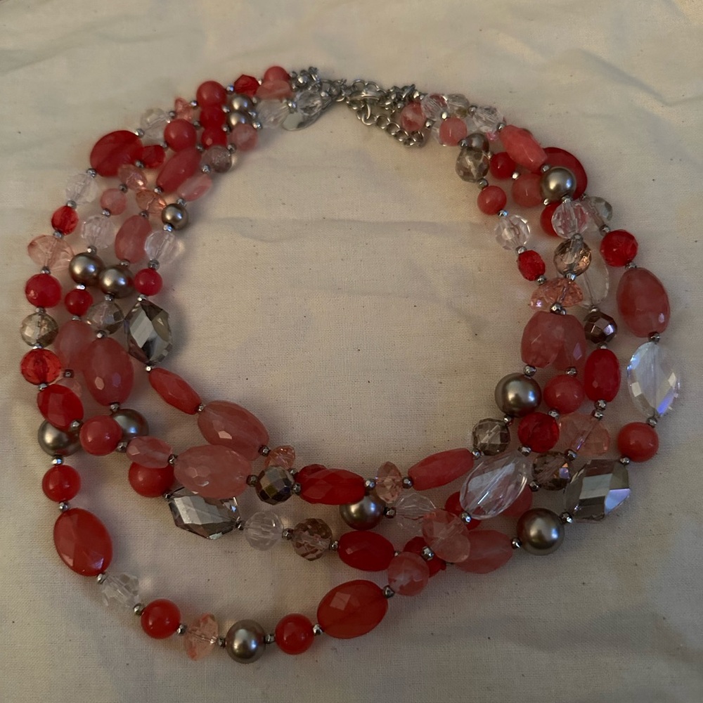 Coral And Silver Multi Layer Statement Necklace - image 3